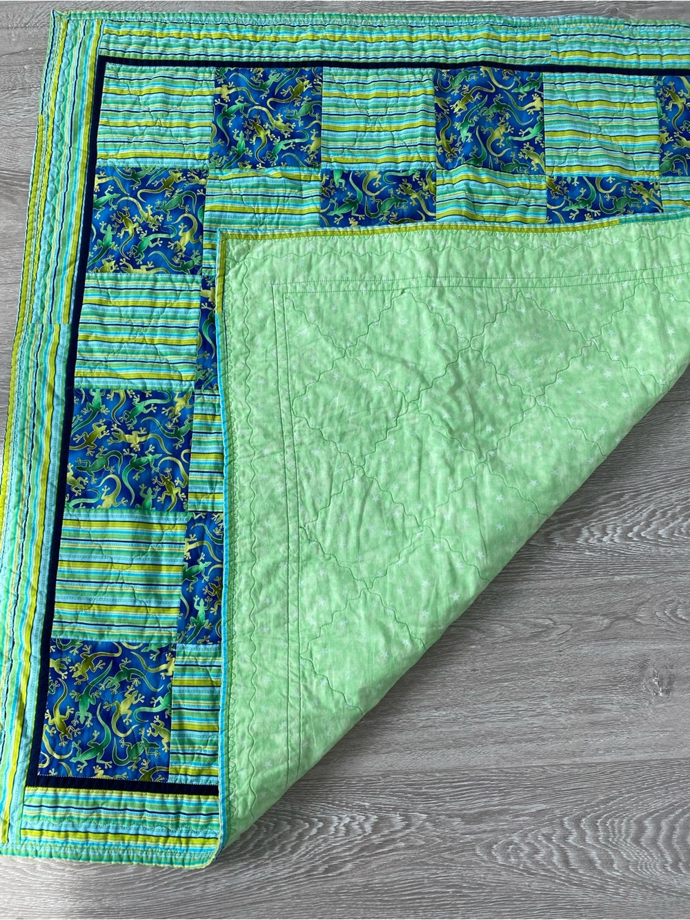 Vintage Lizard print - Blue & Green Patchwork baby Quilt / small blanket